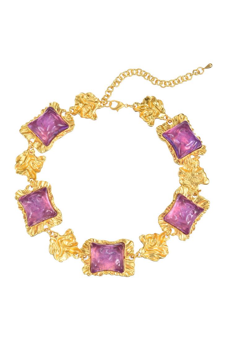 Pendientes y collar de acrílico morado cuadrado dimensional en tono dorado 