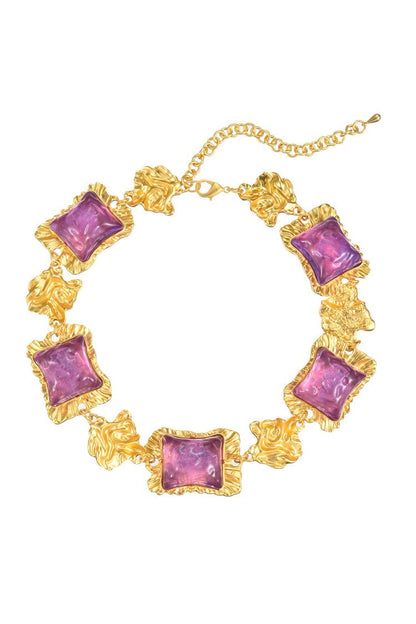 Pendientes y collar de acrílico morado cuadrado dimensional en tono dorado 