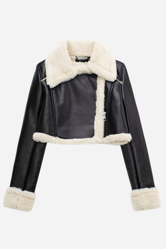 Chaqueta corta de piel sintética con solapa 