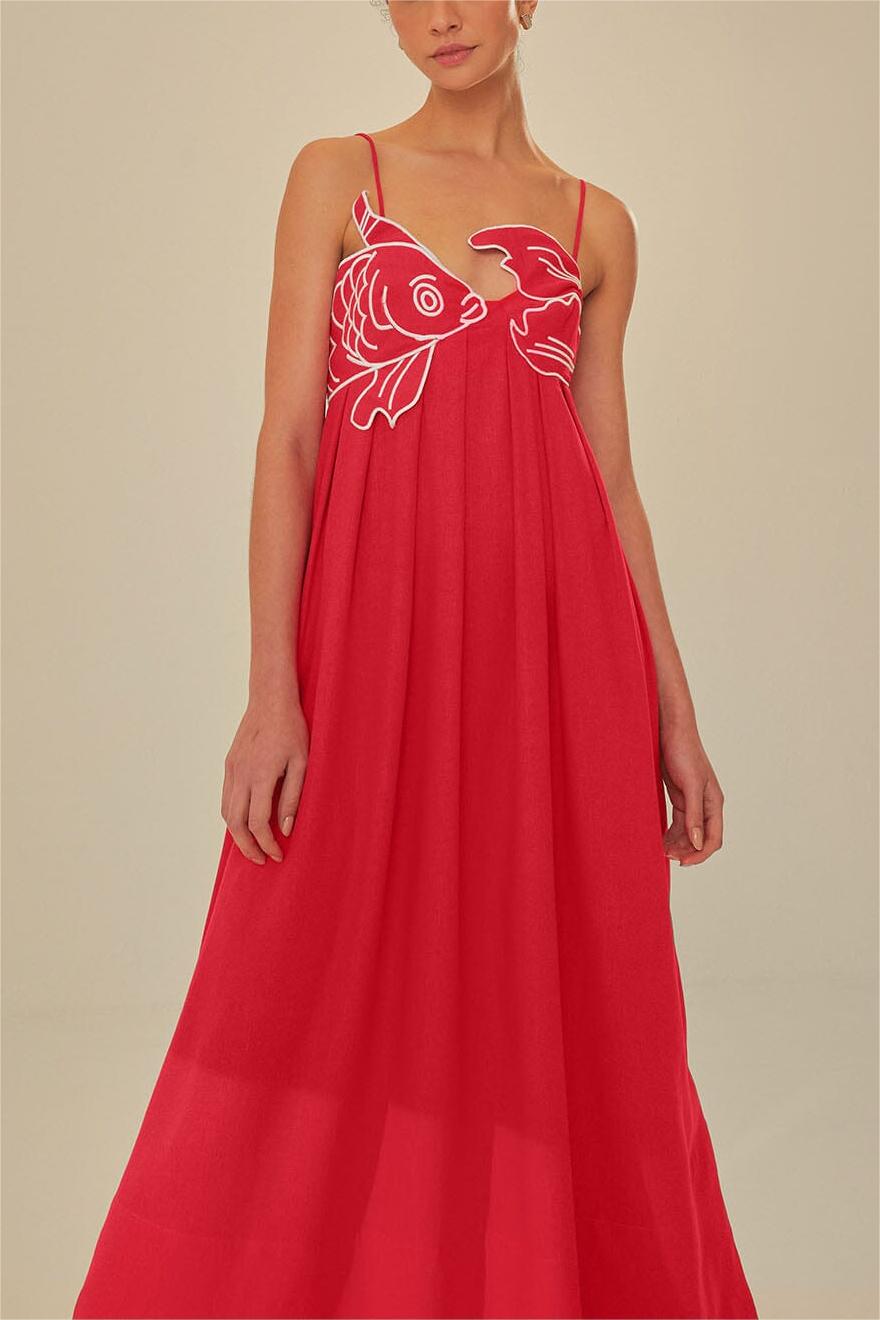 Vestido largo lencero con espalda descubierta y bordado 