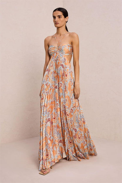 Vestido largo con cuello halter y aberturas de cachemira 