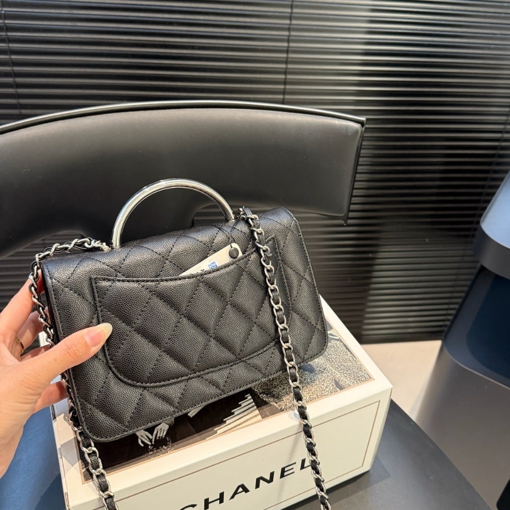 CHANEL SMALL FLAP BAG WITH TOP HANDLE SILVER TONE METAL BLACK 19CM AS5555 B20557 94305