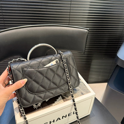 CHANEL SMALL FLAP BAG WITH TOP HANDLE SILVER TONE METAL BLACK 19CM AS5555 B20557 94305