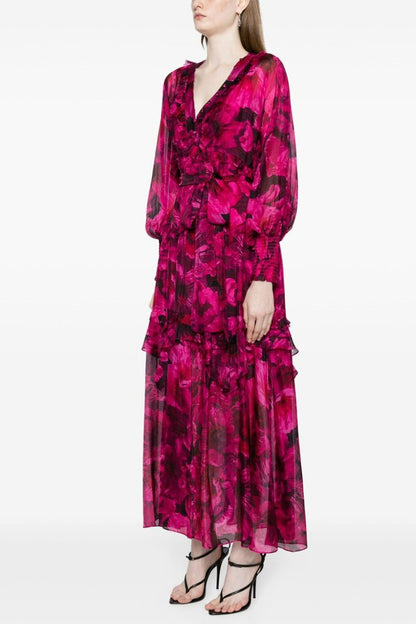 Vestido midi con mangas farol y volantes florales 