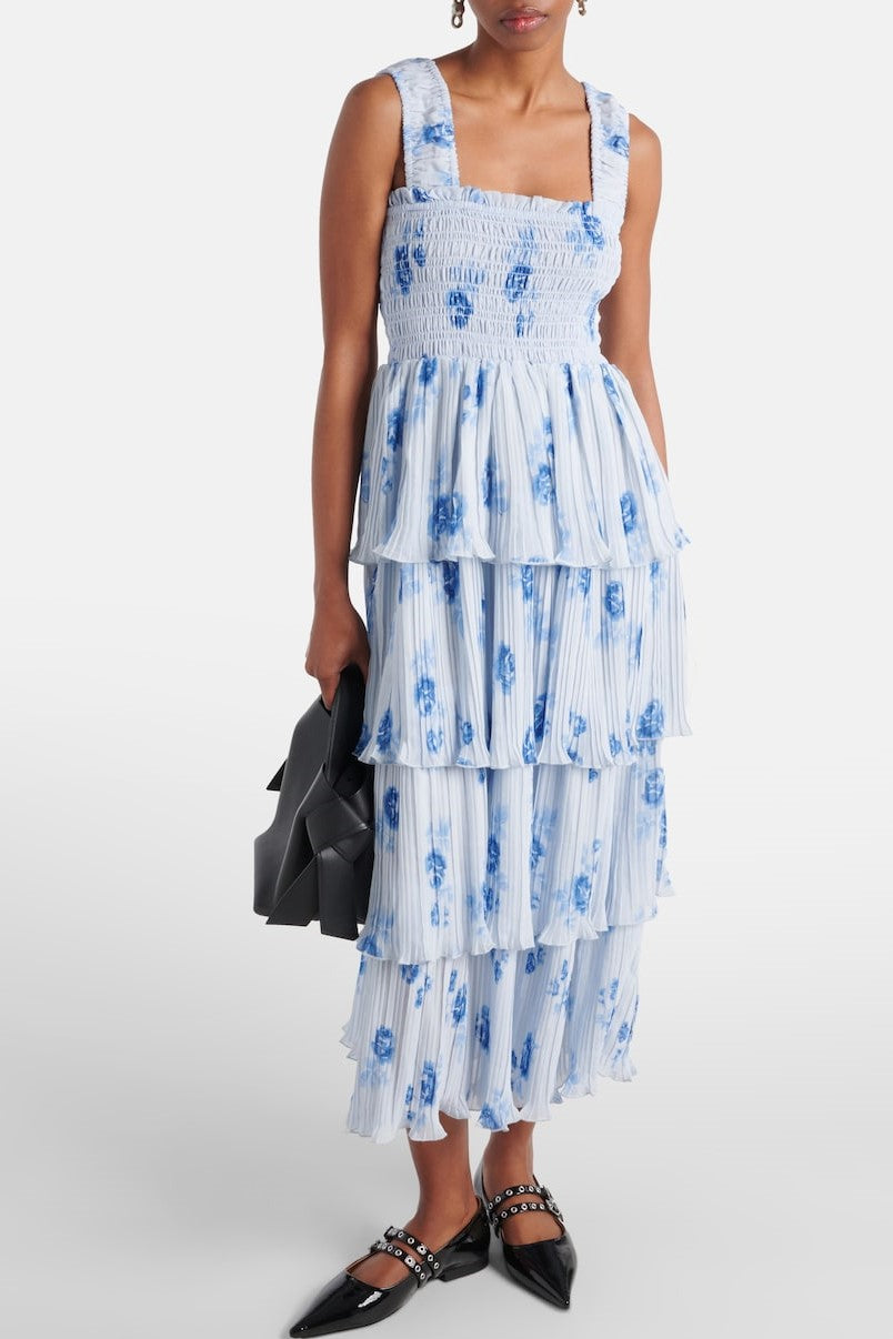 Vestido midi fruncido con volantes y hombros descubiertos con flores 