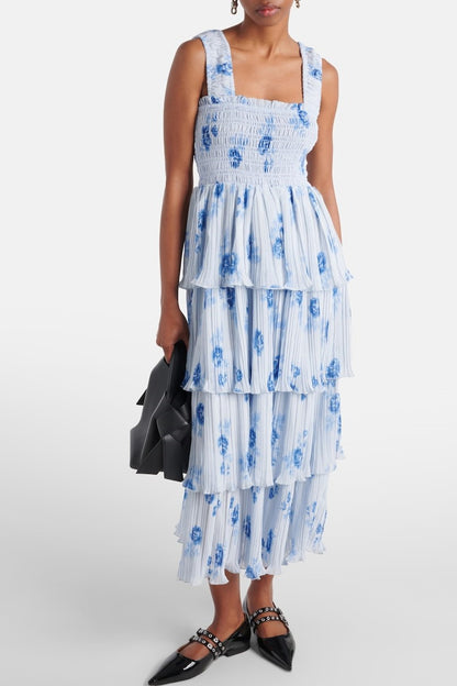 Vestido midi fruncido con volantes y hombros descubiertos con flores 