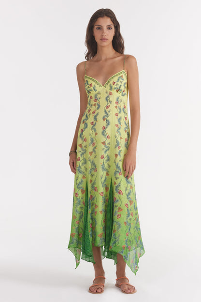 Vestido midi sin mangas con escote corazón floral 