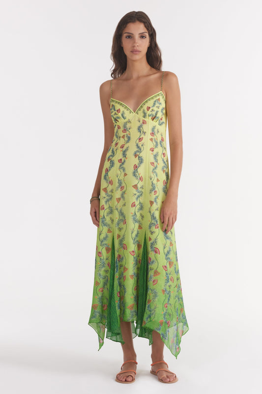 Vestido midi sin mangas con escote corazón floral 