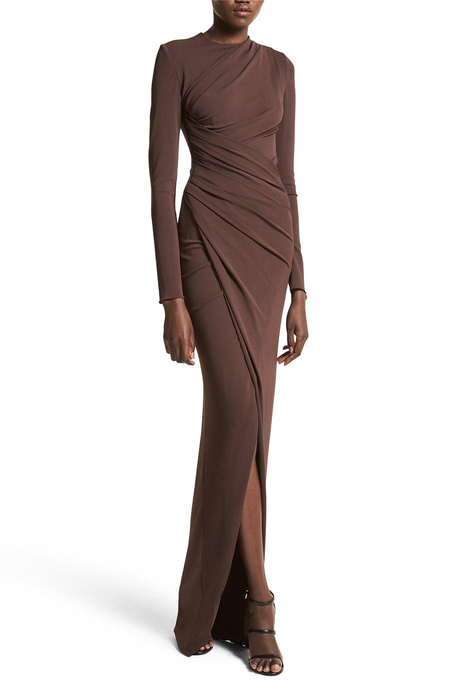 Vestido largo de jersey con cuello redondo fruncido 