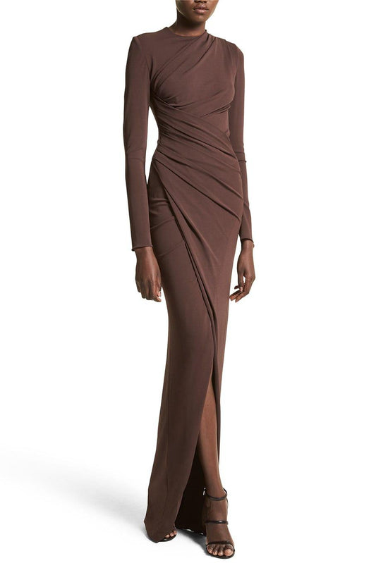Vestido largo de jersey con cuello redondo fruncido 