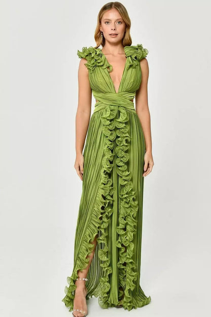 V-Neck Cutout Pleated Split Maxi Dress