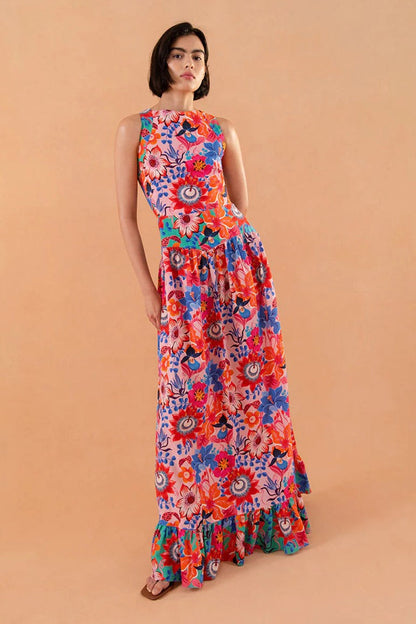 Vestido largo con volantes y encaje floral 
