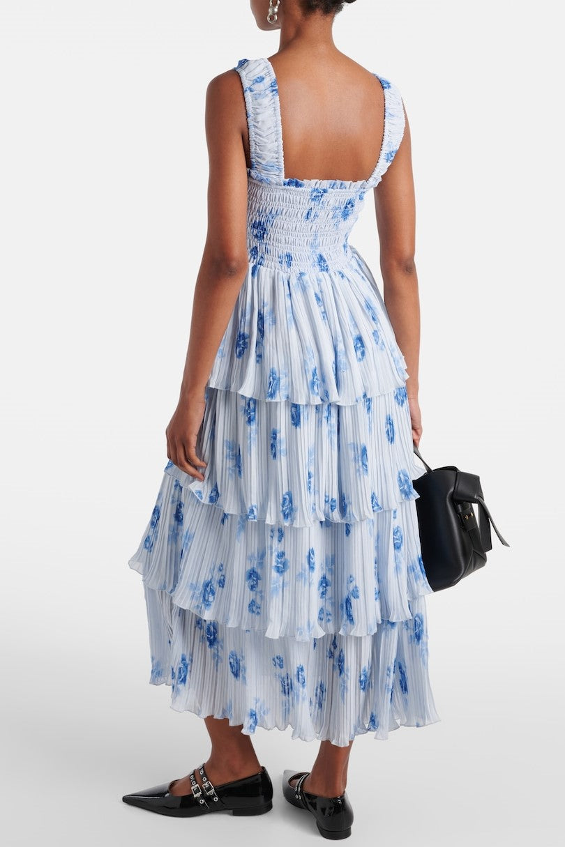 Vestido midi fruncido con volantes y hombros descubiertos con flores 
