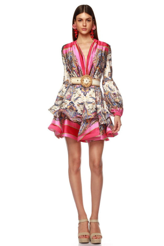 Minivestido con cuello en V y estampado paisley con cinturón 