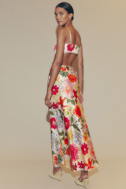 Vestido largo lencero con aberturas florales 