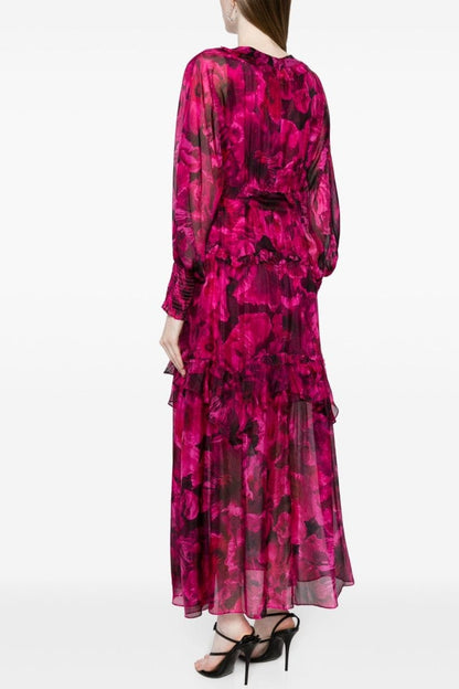 Vestido midi con mangas farol y volantes florales 