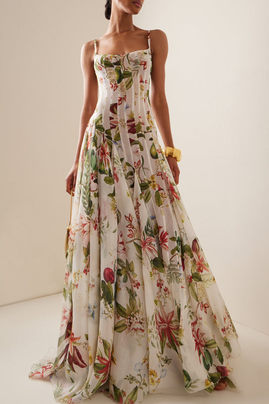 Vestido largo con escote corazón y fruncido floral 