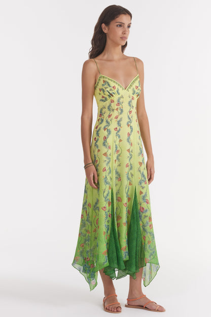 Vestido midi sin mangas con escote corazón floral 