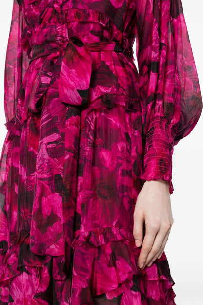 Vestido midi con mangas farol y volantes florales 