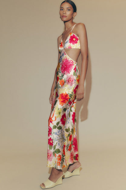 Vestido largo lencero con aberturas florales 