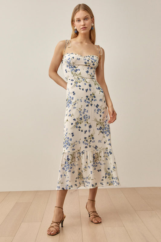Vestido midi sin mangas con encaje floral 