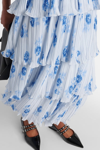 Vestido midi fruncido con volantes y hombros descubiertos con flores 