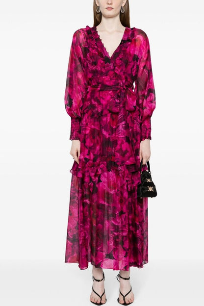 Vestido midi con mangas farol y volantes florales 