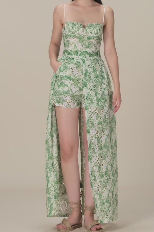 Lace Pleated Sleeveless Split Maxi Top ＆ Mid Waist Mini Pants Set