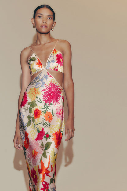 Vestido largo lencero con aberturas florales 