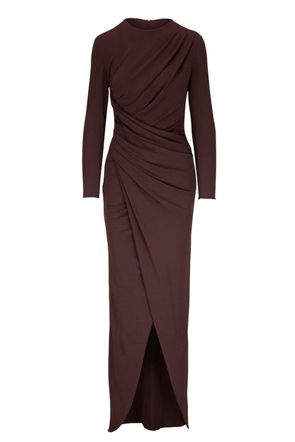 Vestido largo de jersey con cuello redondo fruncido 