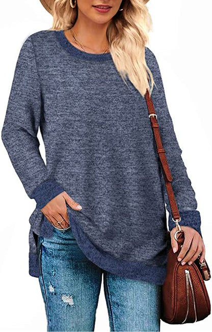 Camiseta informal holgada de manga larga con cuello redondo y abertura multicolor para mujer