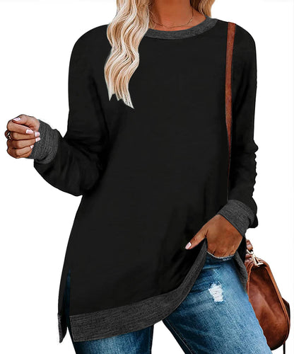 Camiseta informal holgada de manga larga con cuello redondo y abertura multicolor para mujer