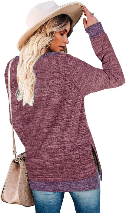 Camiseta informal holgada de manga larga con cuello redondo y abertura multicolor para mujer