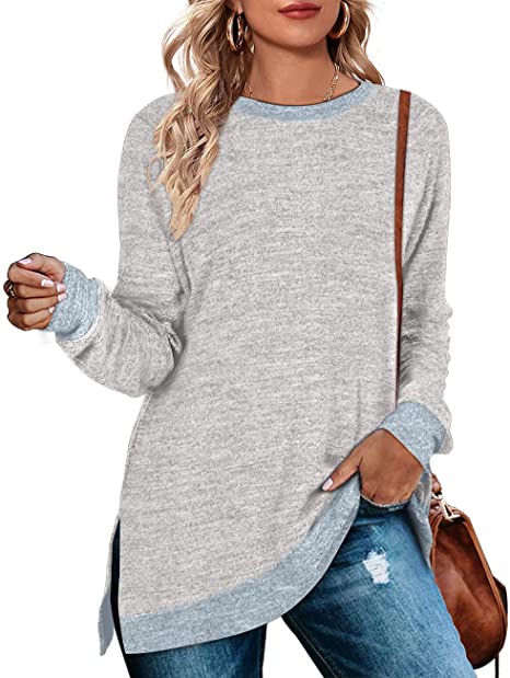 Camiseta informal holgada de manga larga con cuello redondo y abertura multicolor para mujer