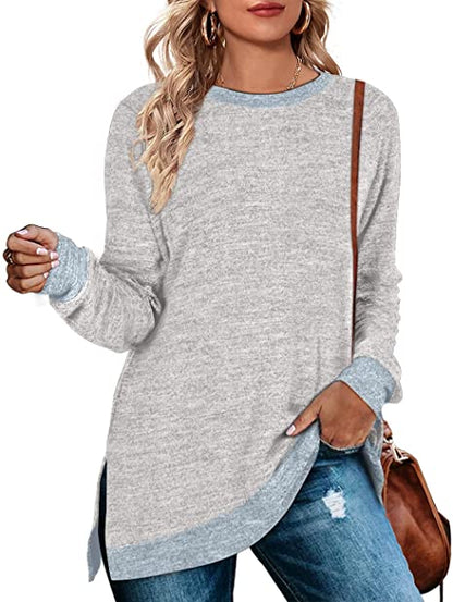 Camiseta informal holgada de manga larga con cuello redondo y abertura multicolor para mujer