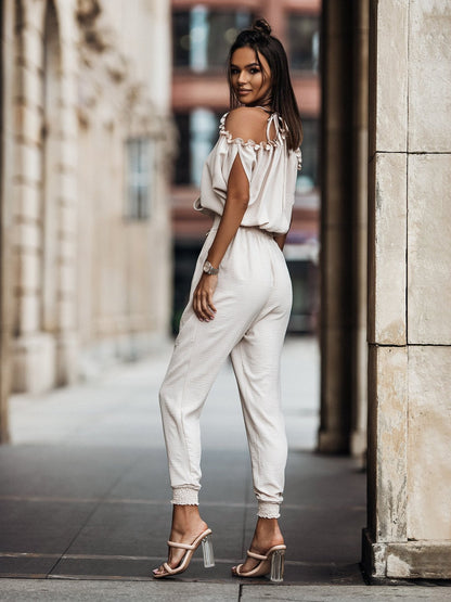 Mono informal con cintura elástica y bolsillos y cuello en V para mujer
