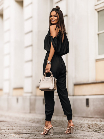 Mono informal con cintura elástica y bolsillos y cuello en V para mujer