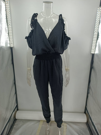 Mono informal con cintura elástica y bolsillos y cuello en V para mujer