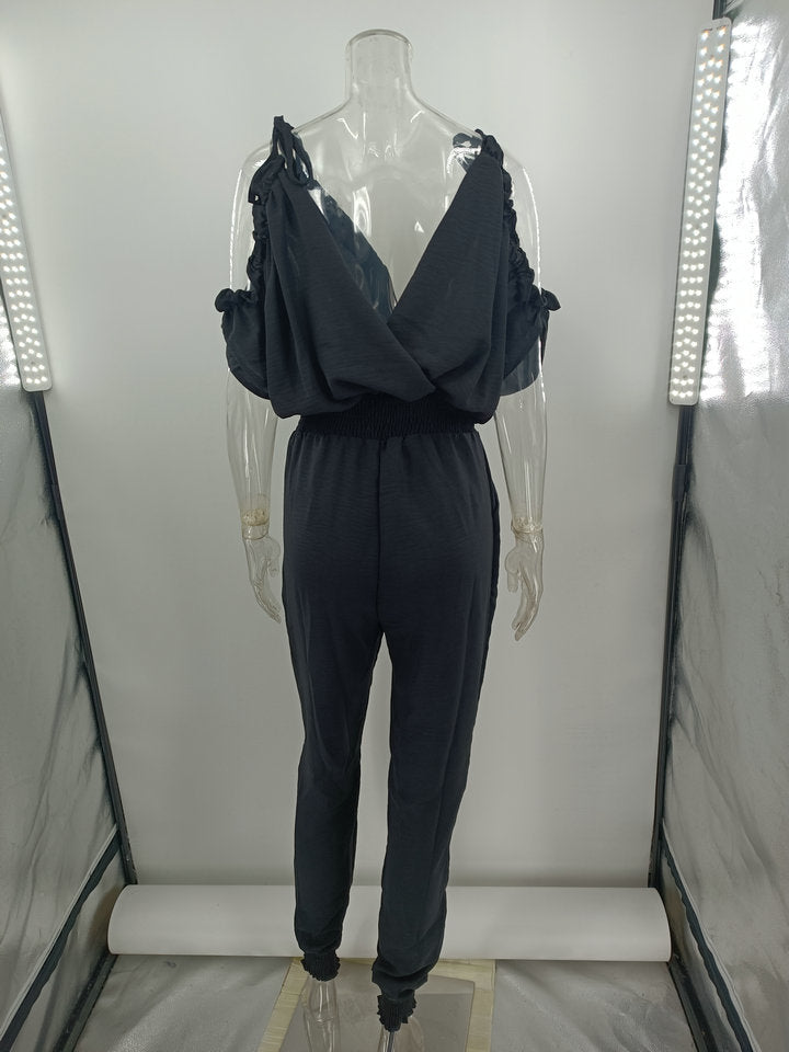 Mono informal con cintura elástica y bolsillos y cuello en V para mujer
