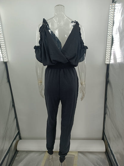 Mono informal con cintura elástica y bolsillos y cuello en V para mujer