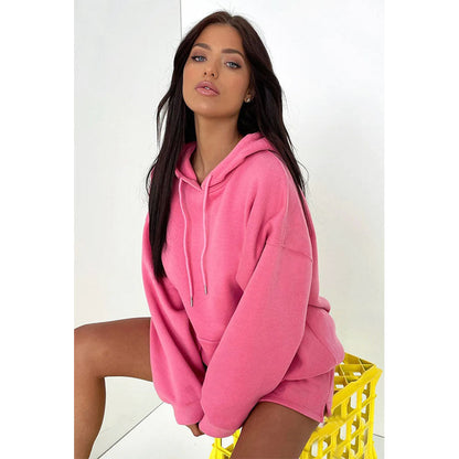 Suéter de manga larga con capucha y forro polar grueso de color liso para otoño e invierno, traje informal para mujer con pantalones cortos