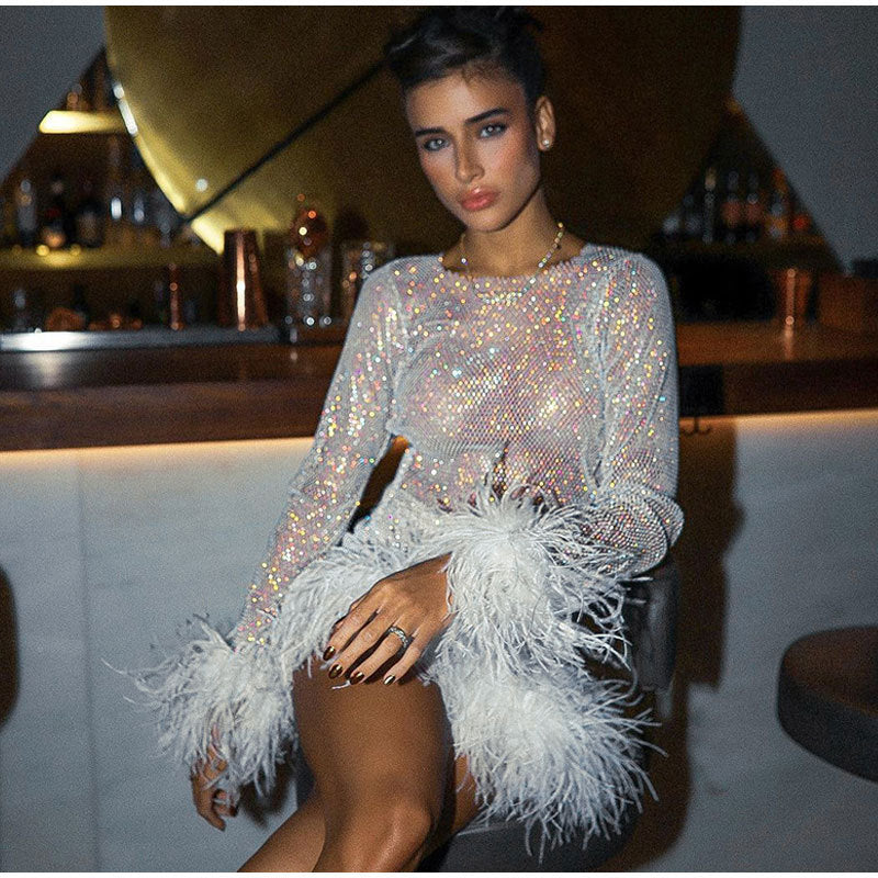 Conjunto de falda peluda de moda para mujer, vestido corto sexy de manga larga con cuello redondo para discoteca