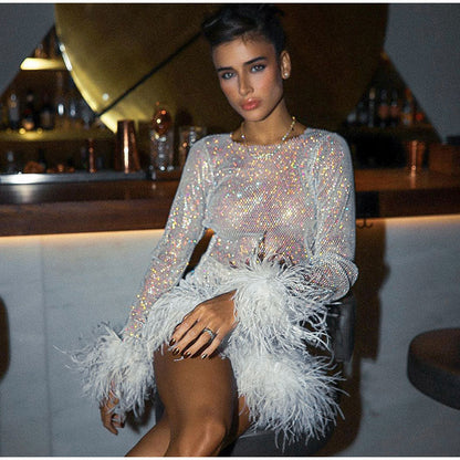 Conjunto de falda peluda de moda para mujer, vestido corto sexy de manga larga con cuello redondo para discoteca