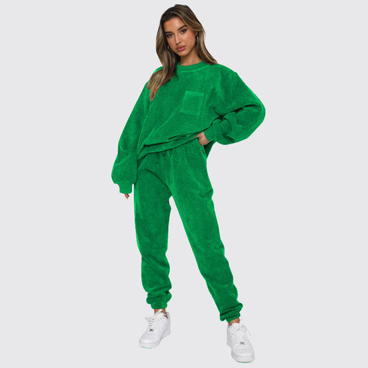 Conjunto de dos piezas de pana de color liso con cuello redondo y manga larga para otoño e invierno, pantalón elegante para mujer