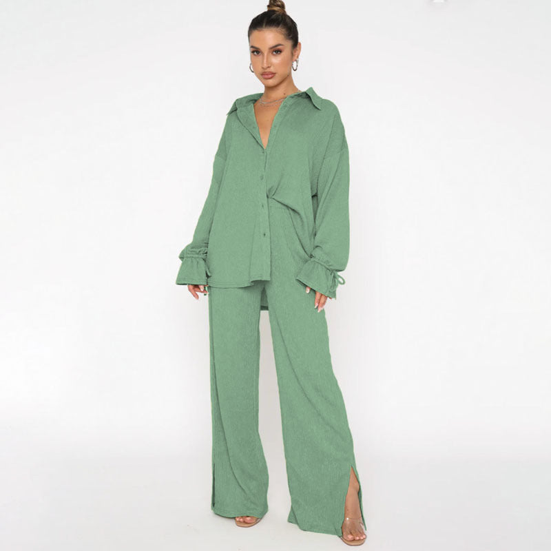 Traje de pantalón elegante para mujer, top de manga larga con lazo y cuello polo de color liso para otoño e invierno