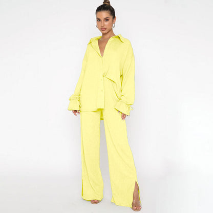 Traje de pantalón elegante para mujer, top de manga larga con lazo y cuello polo de color liso para otoño e invierno