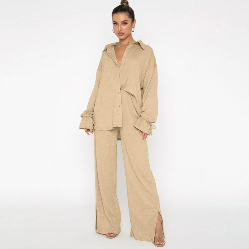 Traje de pantalón elegante para mujer, top de manga larga con lazo y cuello polo de color liso para otoño e invierno