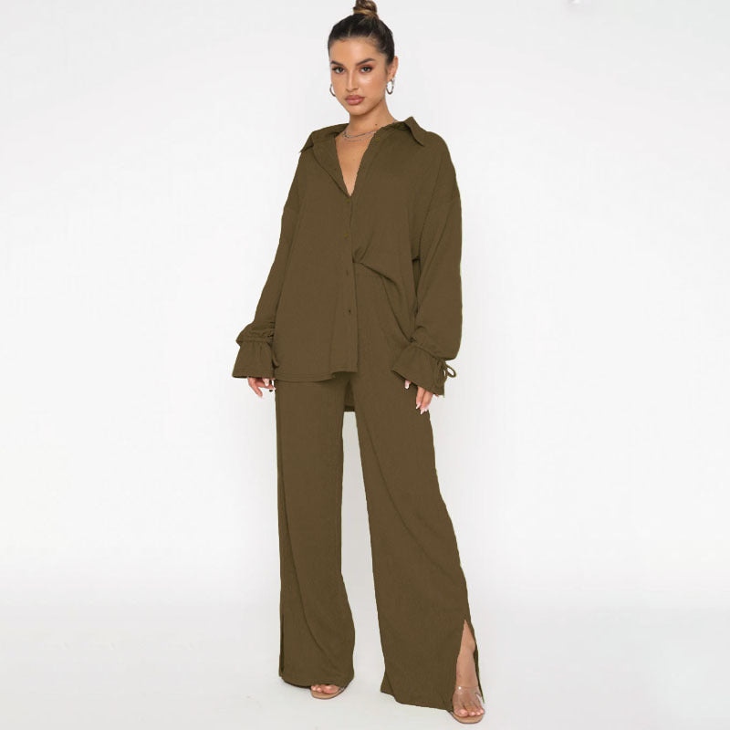 Traje de pantalón elegante para mujer, top de manga larga con lazo y cuello polo de color liso para otoño e invierno