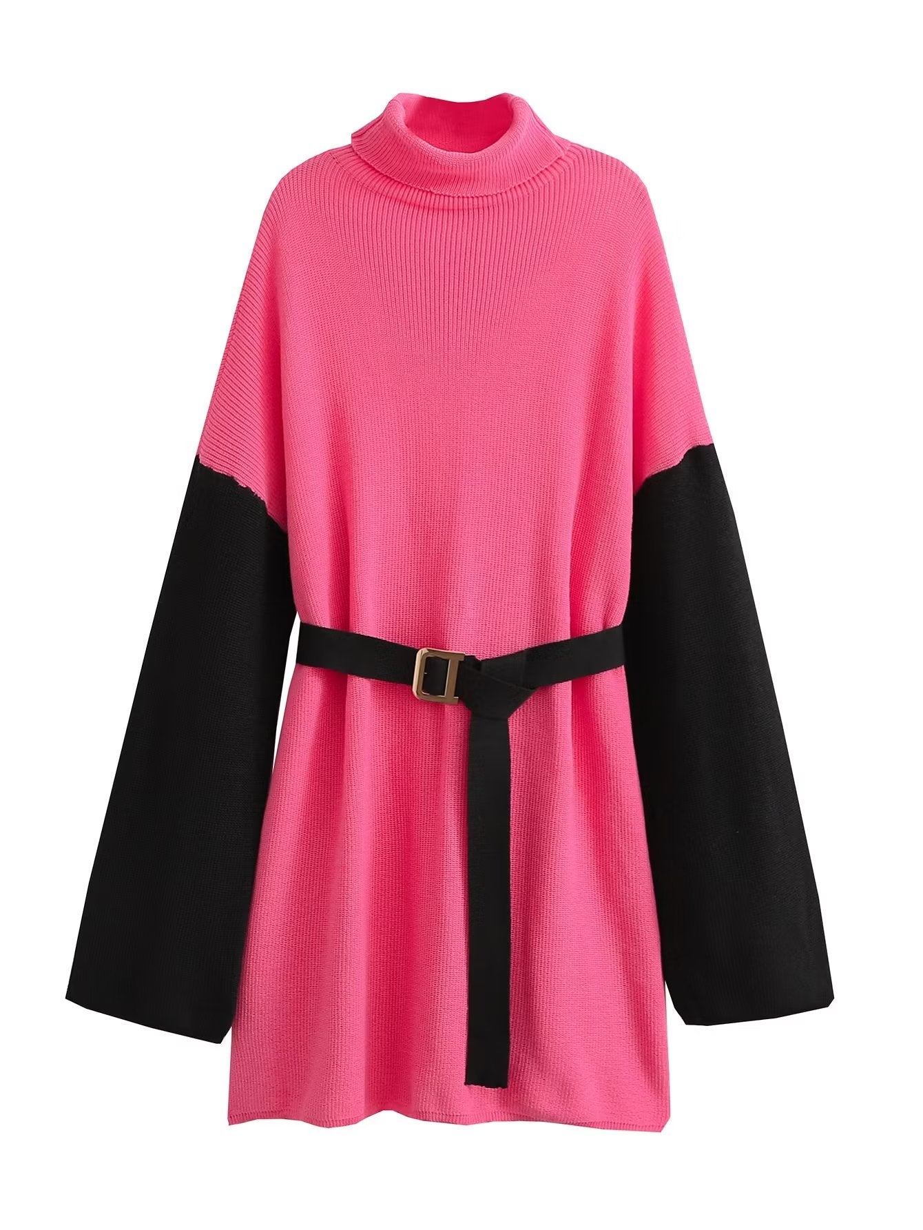 Vestido de punto con cinturón suelto y cuello alto para mujer de otoño