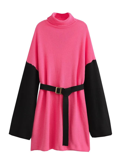 Vestido de punto con cinturón suelto y cuello alto para mujer de otoño